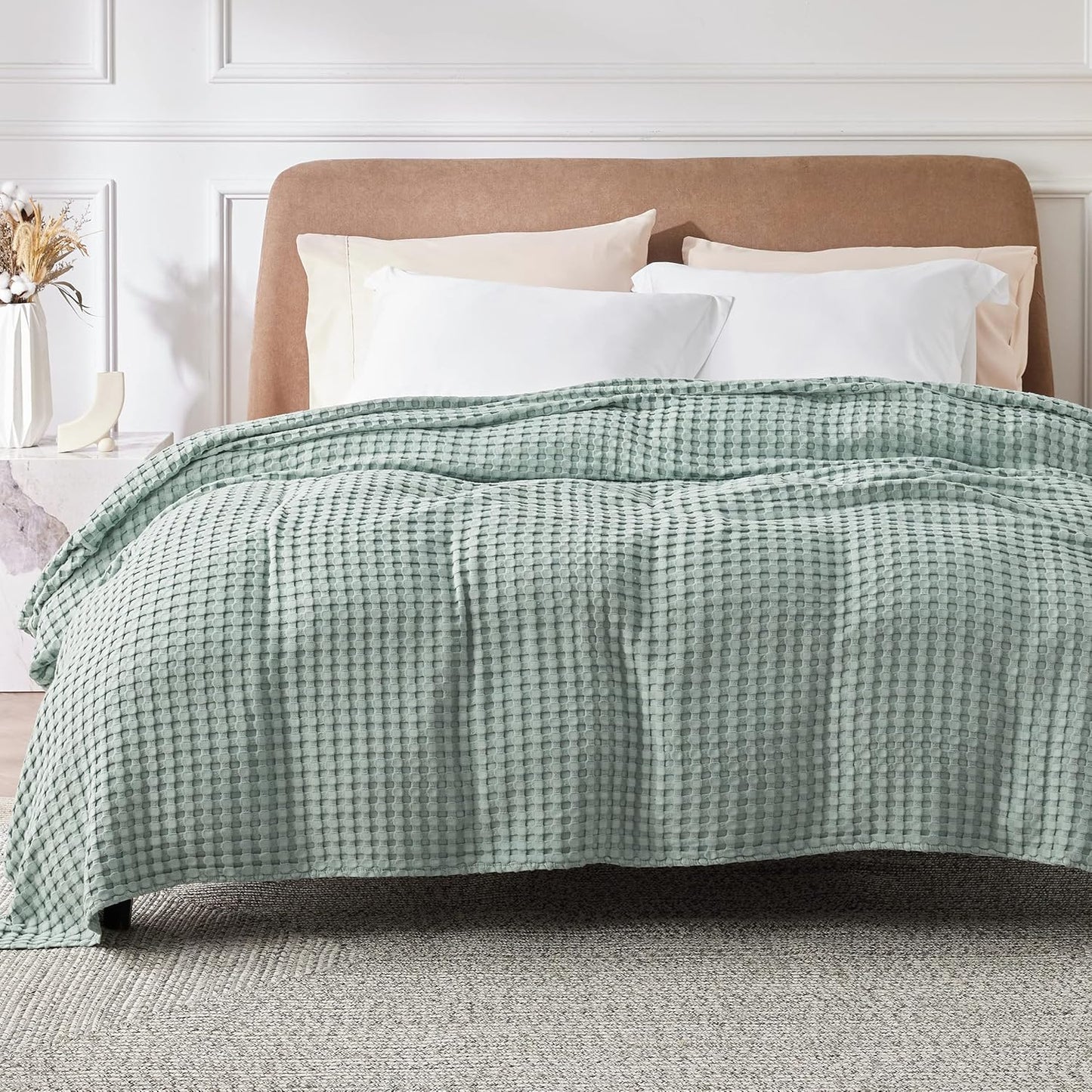 Bedsure Cooling Cotton Waffle Queen Size Blanket - Lightweight Breathable Summer Blanket of Rayon Derived from Bamboo for Hot Sleepers, Luxury Throws for Bed, Couch and Sofa, Mint Green, 90x90 Inches