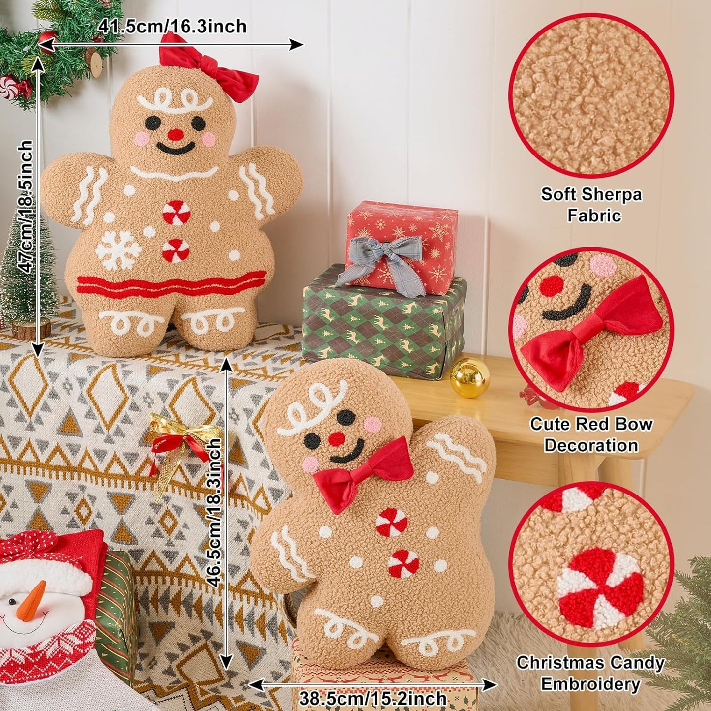Lanpn Christmas Gingerbread Man Pillows Set of 2, Christmas Decoration Winter Throw Pillows Soft Fleece Sherpa Cute 3D Shaped Ginger Bread Man Girl Boy Throw Cushion for Sofa Bedroom Xmas Decor