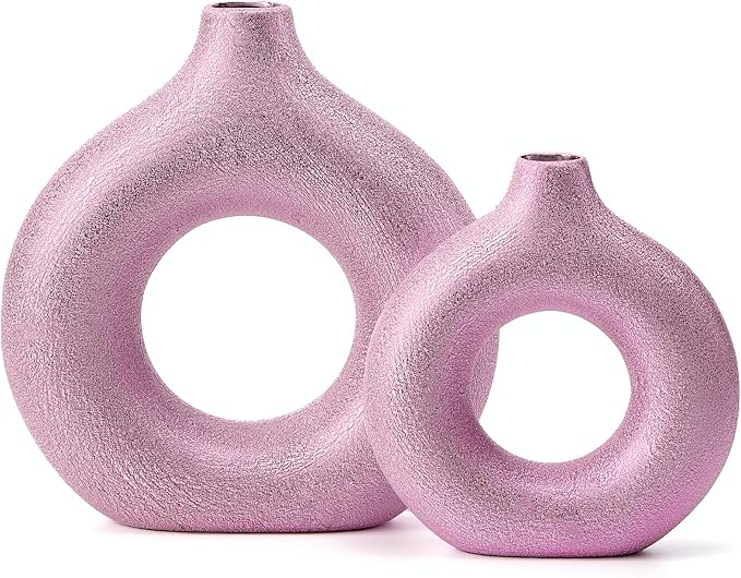 Set of 2 Donut Hollow Ceramic Vase Handmade Minimalist Boho ins Style, Modern Vase for Home Decor for Wedding Dinner Table Party Living Room Office Bedroom (Purple-Gold, Large + Small)