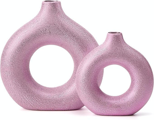 Set of 2 Donut Hollow Ceramic Vase Handmade Minimalist Boho ins Style, Modern Vase for Home Decor for Wedding Dinner Table Party Living Room Office Bedroom (Purple-Gold, Large + Small)