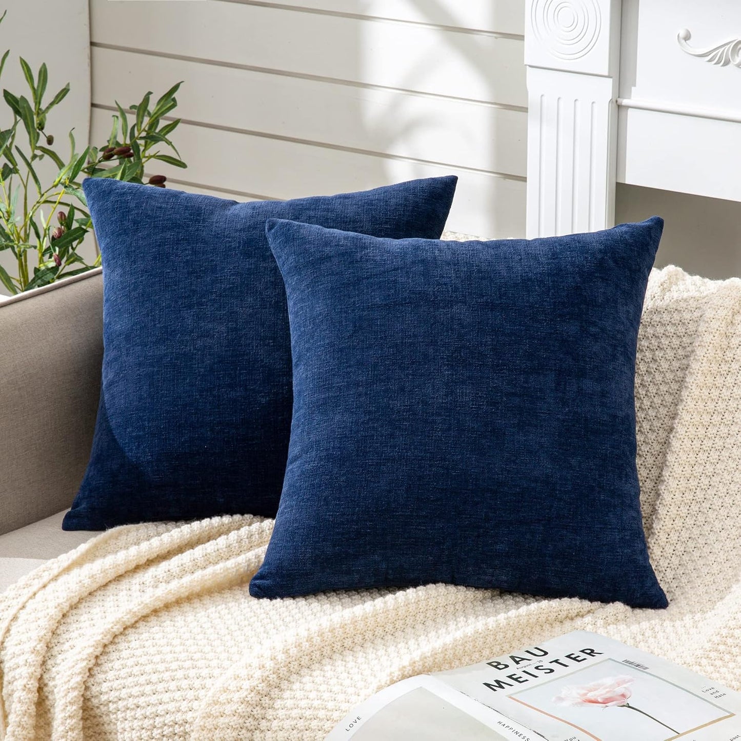 GAWAMAY Decorative Square Throw Pillow Covers 22"x22" Inch Set of 2, Super Soft Chenille Pillows Farmhouse Fall Pillowcase for Living Room Bedroom Sofa Couch Cushion Cover Navy Blue 55x55cm