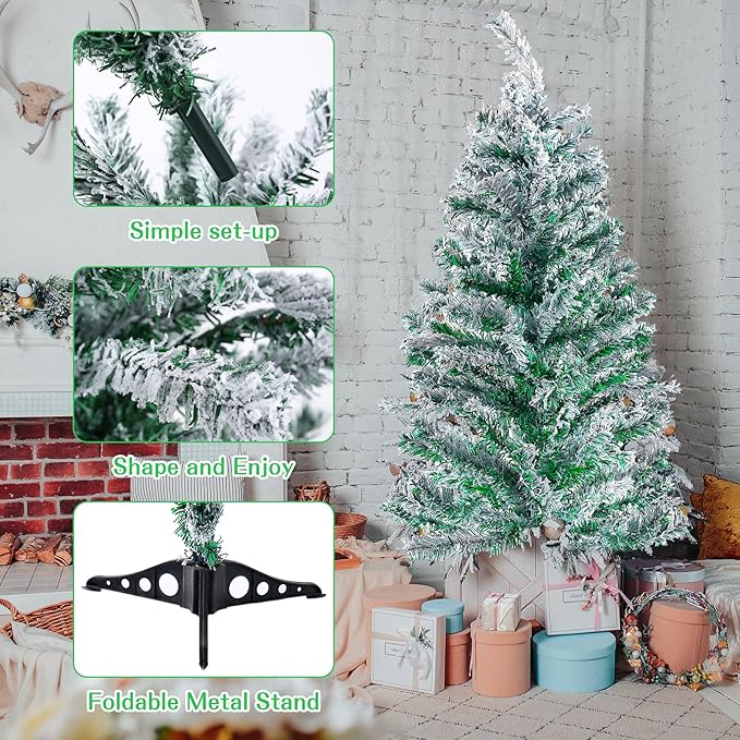 3FT Artificial Christmas Tree Green Tabletop Christmas Tree with Snow Flocked Mini Xmas Pine Tree with Plastic Stand for Indoor Outdoor Holiday Home Decoration