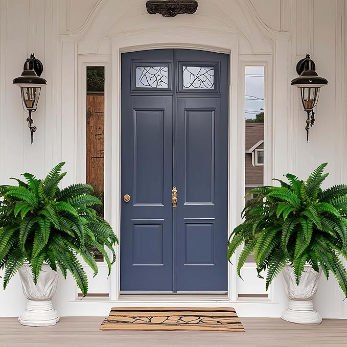 QIANYUN Outdoor Artificial Plants-2PCS Artificial Outdoor Hanging Fern Faux Greenery UV Resistant Plastic Plants for Front Porch Living Room Garden Decor- Including Hanging Planters (Dark Green)