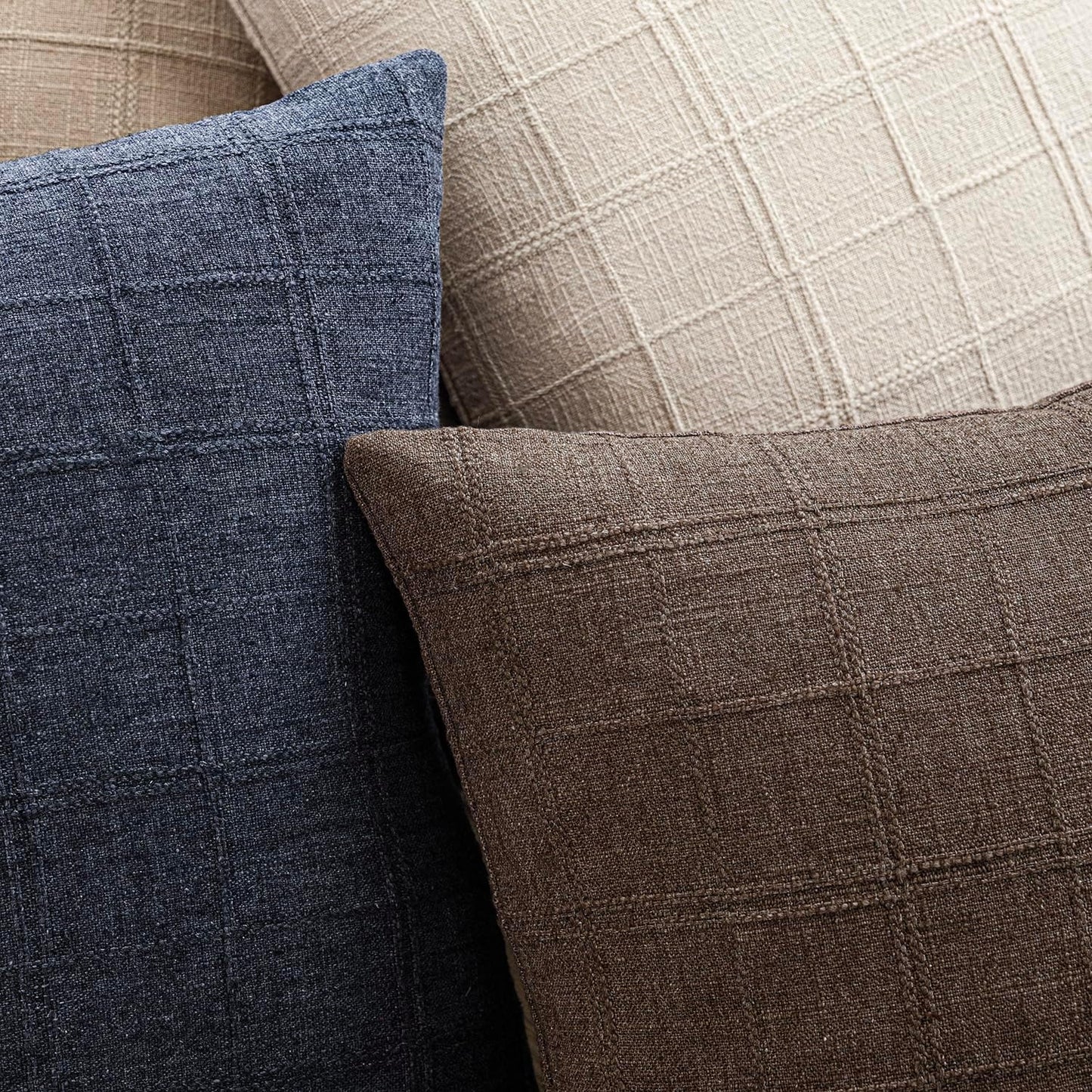 Foindtower Set of 2 Decorative Linen Check Throw Pillow Covers Neutral Farmhouse Vintage Cushion Covers Modern Boho Home Decor for Sofa Chair Couch Bedroom Living Room,18×18 Inch,Dark Brown