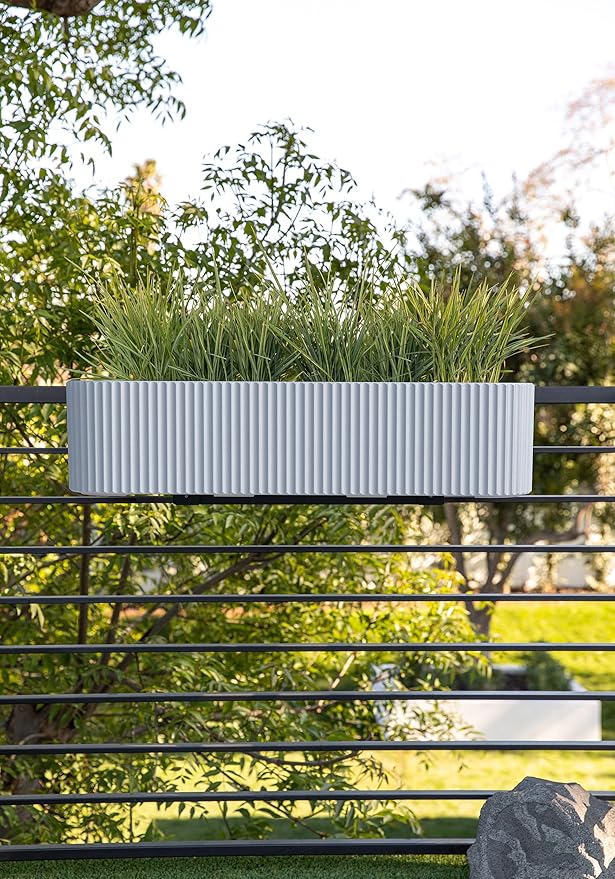 Veradek Demi Series Railing Planter - Hanging Planter Box for Windowsill/Balcony | Plastic-Stone Composite w/Railing Bracket | Modern Décor for Flowers