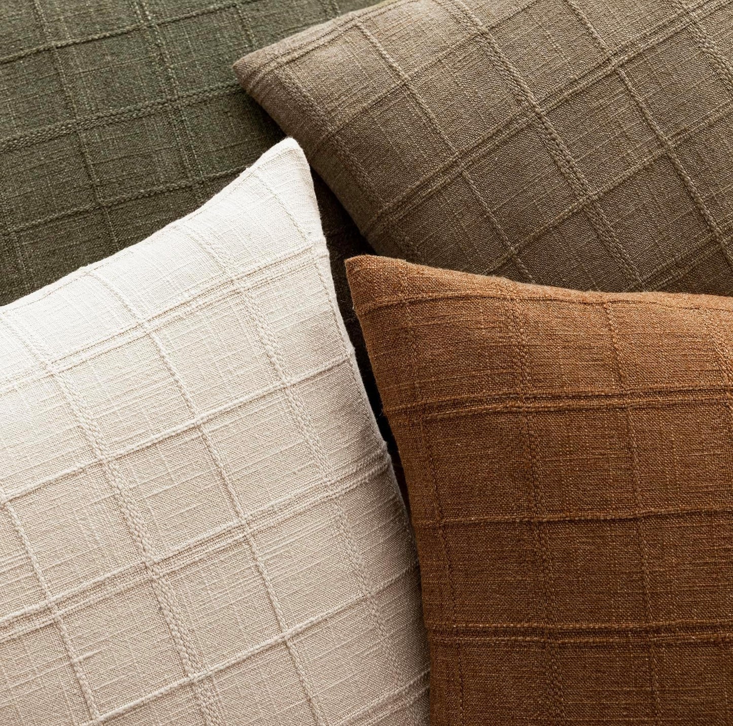 Foindtower Set of 2 Decorative Linen Check Throw Pillow Covers Neutral Farmhouse Lumbar Cushion Covers Modern Boho Home Decor for Sofa Chair Couch Bedroom Living Room,12×20 Inch,Light Brown