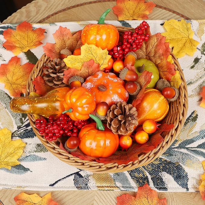 winemana 57pcs Fall Decorations for Home - Small Pumpkins for Decorating with Fake Leaves, Gourds & Pinecones -Thanksgiving Decor for Table Centerpiece Indoor Room Autumn Harvest Decor
