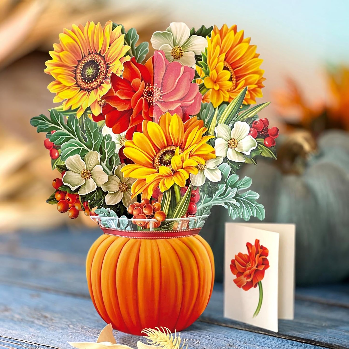 Freshcut Paper Pop Up Cards, Pumpkin Harvest, 12 Inch Life Sized Forever Flower Bouquet 3D Popup Greeting Card, Autumn Cards, Birthday Card, Blank Notecard & Envelope