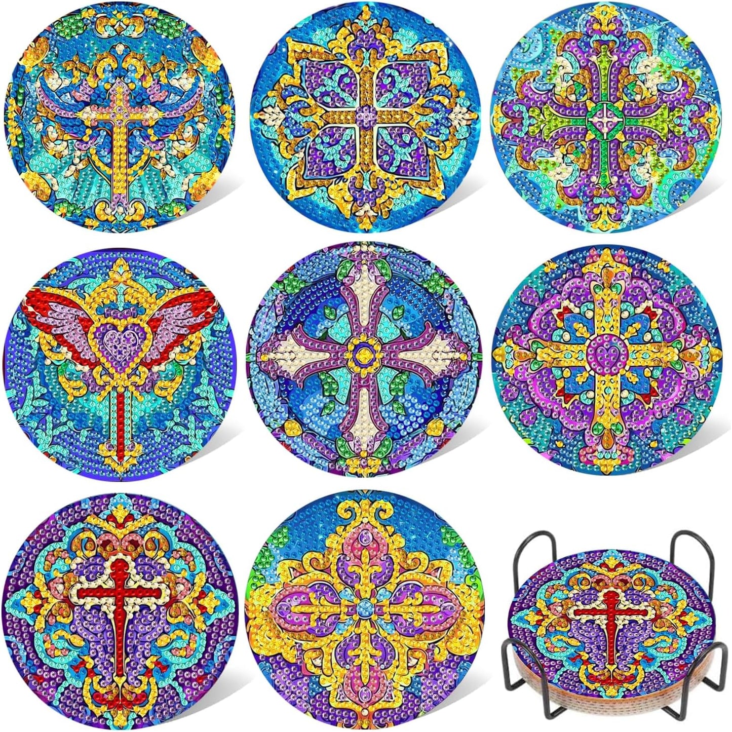 DOZEEZOP 8 PCS Diamond Art Coasters Kit, Diamond Painting Coasters with Holder, Fall Diamond Art Kits for Adults Beginners, Arts and Crafts Supplies Party Item Sets Cross Style