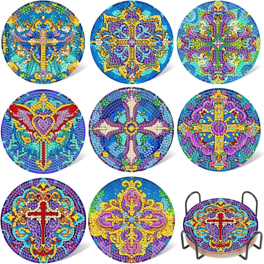 DOZEEZOP 8 PCS Diamond Art Coasters Kit, Diamond Painting Coasters with Holder, Fall Diamond Art Kits for Adults Beginners, Arts and Crafts Supplies Party Item Sets Cross Style