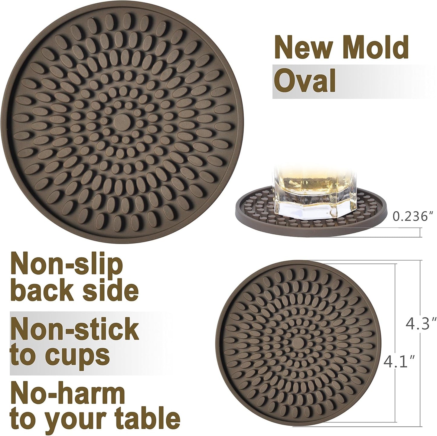 KindGa Coasters for Drinks Absorbent, Rubber Brown Coasters Set of 8, Large Silicone Drink Coaster for Furniture Protection, Deep Tray 4.3 Inch Oval Shape Reusable Heat-Resistant Mat