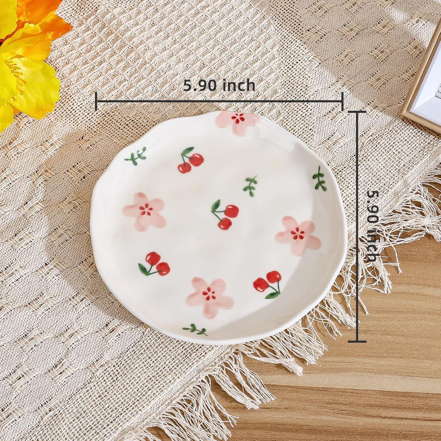 Koythin Ceramic Dessert Plates, Cute Fruits Dinner Plate, Creative Plates Design, Printed Flowers Dinnerware for Office and Home, Kitchen Plates for Desserts (Pink Cherry Flowers)