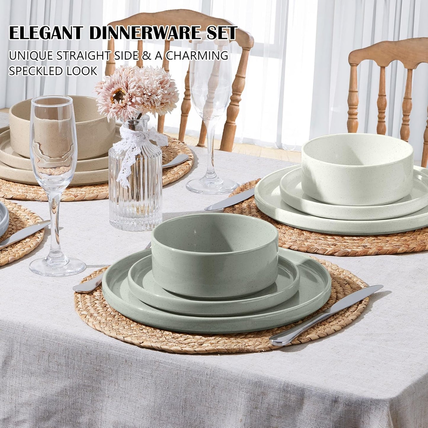 E-far Stoneware Dinnerware Sets, 12-Piece Plates and Bowls Dish Set for 4, Kitchen Modern Dinning Ware, Chip and Scratch Resistant, Microwave & Dishwasher Safe, Speckled Multicolor