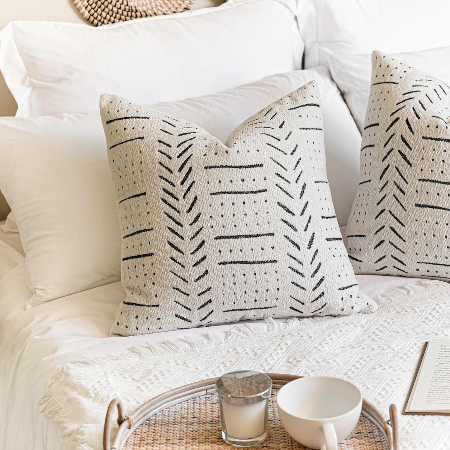 BlissBlush Off White Decorative Throw Pillow Covers 20X20, Set of 2, Boho Farmhouse Square Cushion Cover, Cozy Soft Accent Pillowcase for Couch Sofa Bed Living Room Home Décor