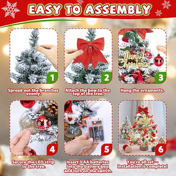 24 Inch Tabletop Christmas Tree with DIY Decorations,Snow Flocked Mini Xmas Tree with Multicolor LED Lights, Red Bow Topper, Pinecones, Rustic Wood Base, for Home Office Desk Classroom