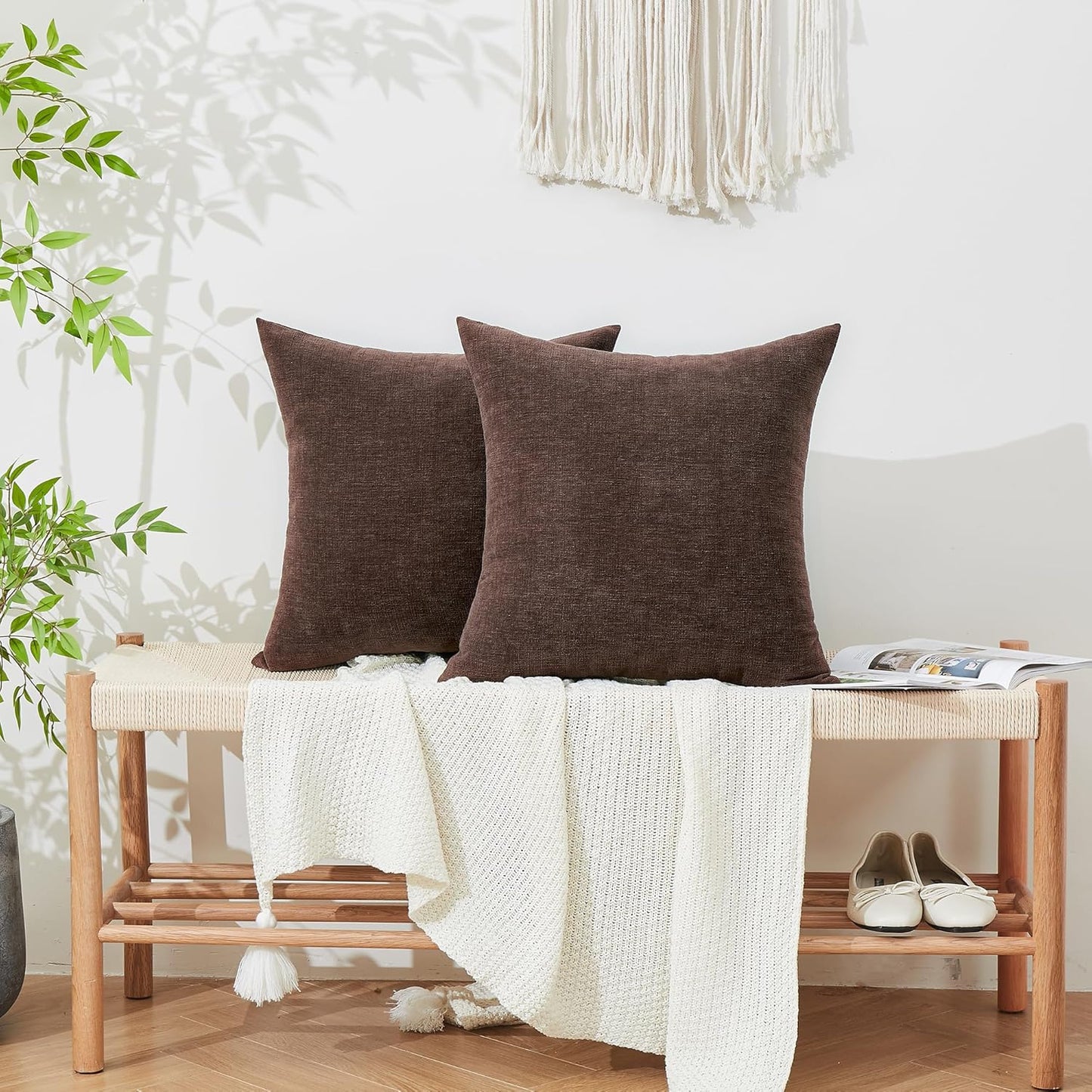 GAWAMAY Decorative Square Throw Pillow Covers 22x22 Inch Set of 2, Super Soft Chenille Pillows Farmhouse Fall Pillowcase for Living Room Bedroom Sofa Couch Cushion Cover Coffee 55x55cm (No Inserts)