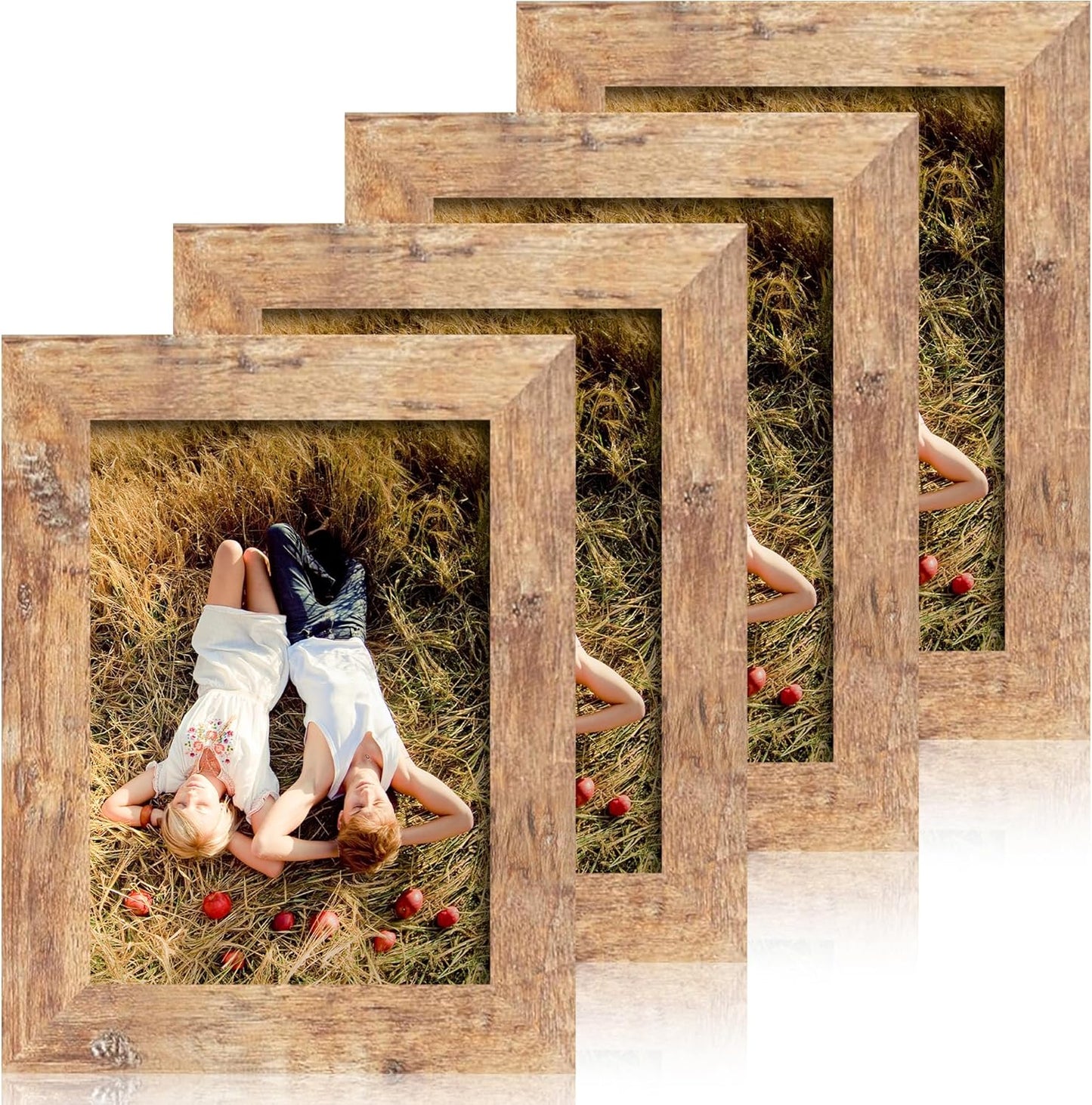 iRahmen 5x7 Picture Frame Set of 4, High Definition Real Glass Rustic Brown Frame, 5 x 7 Wood Photo Frames for Tabletop Display and Wall Mounting