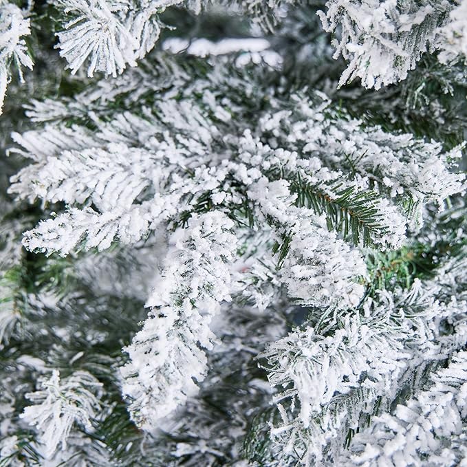 Yaheetech 7.5ft Pre-Lit Artificial Christmas Tree with 550 Warm White LED Lights & 1278 PVC Tips,Hinged Snow Flocked Xmas Tree with Foldable Stand & Protective Foot Caps,Green & White