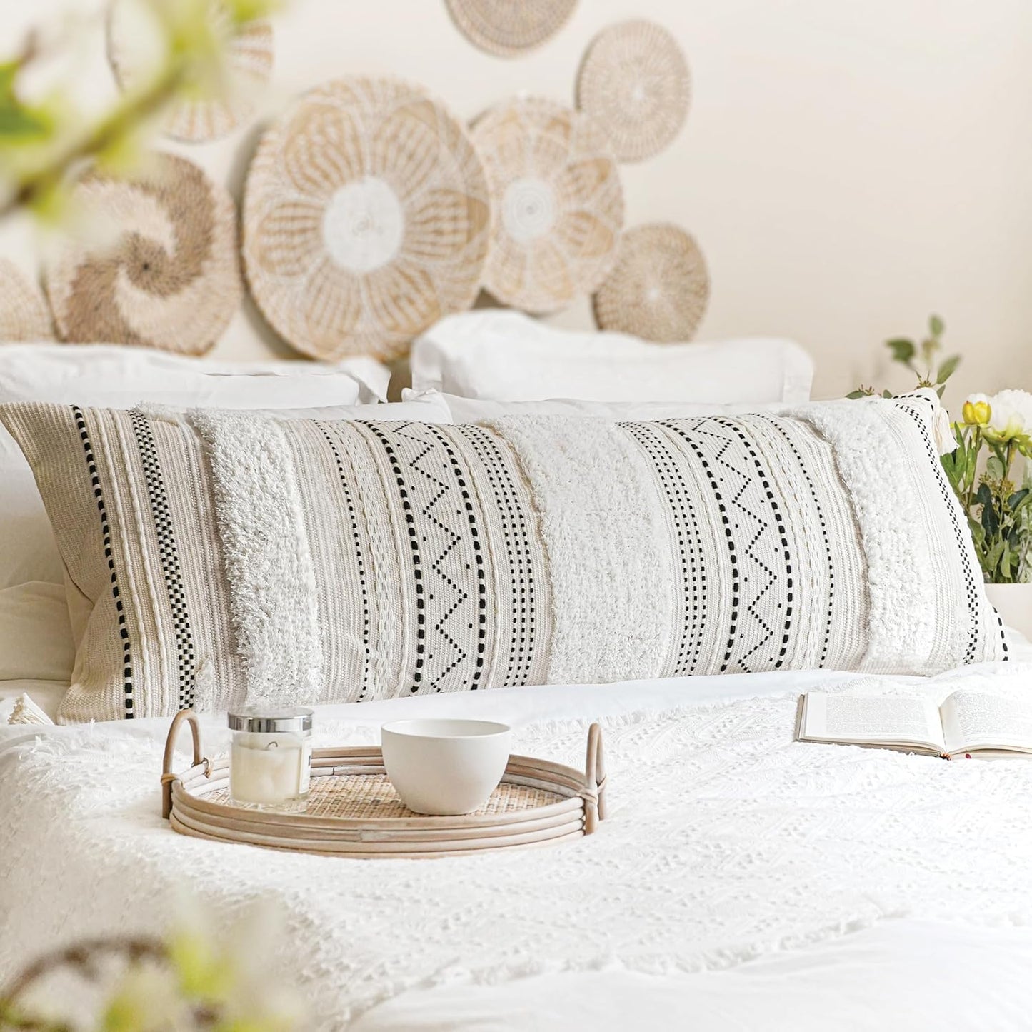 BlissBlush Large Body Pillow Cover for Bed 20x54 Boho Accent Oversized Long Pillowcase for Bedroom Black Neutral White Decorative Cushion Farmhouse Home Décor (Cover ONLY, Pack of 1)