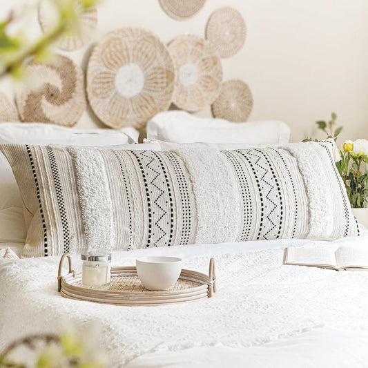 BlissBlush Large Body Pillow Cover for Bed 20x54 Boho Accent Oversized Long Pillowcase for Bedroom Black Neutral White Decorative Cushion Farmhouse Home Décor (Cover ONLY, Pack of 1)