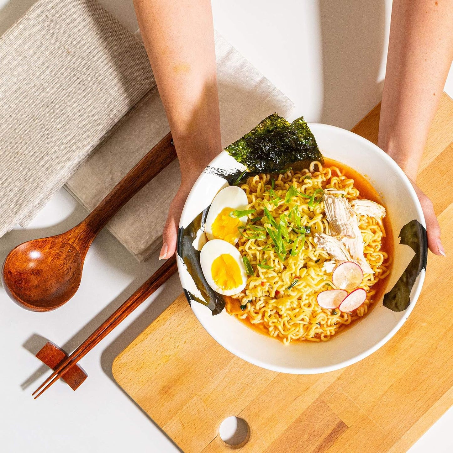 Japanese Ceramic Ramen Bowl Set, 60oz Large Ramen Bowls with Chopsticks, Spoons and Chopstick Rests – Bowl for Ramen, Pho, Salad, Poke, Soup, Udon – Minimalist Design, Premium Quality, White