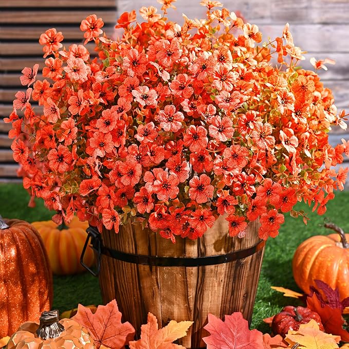 Waipfaru Fall Decor, Fake Mums, Flowers, UV Resistant Artificial Mums for Outdoors, 24 Bundles, Fall Flower Plants Artificial for Decoration Home Porch Thanksgiving,Light Red