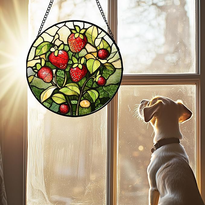 Stained Glass Window Hanging - Red Strawberry Suncatcher for Doors Window Home Green Plant Sun Catchers Decor Christmas Mother's Day Birthday Gifts for Teacher Women Men Mom Nana 15 in