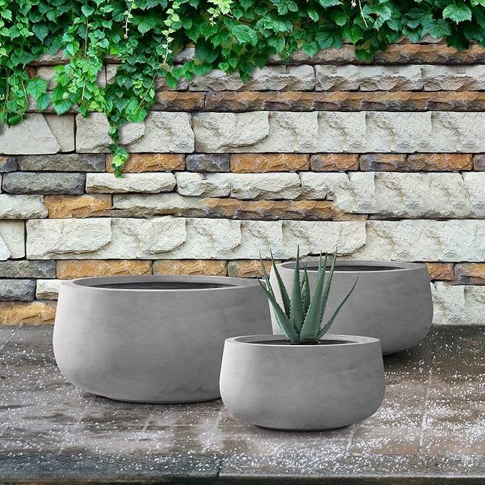 Kante 19.6",15.7",11.8" Dia Round Concrete Planters Set of 3, Outdoor Indoor Garden Plant Pots with Drainage Hole and Rubber Plug, Modern Curvaceous Design, Natural Concrete