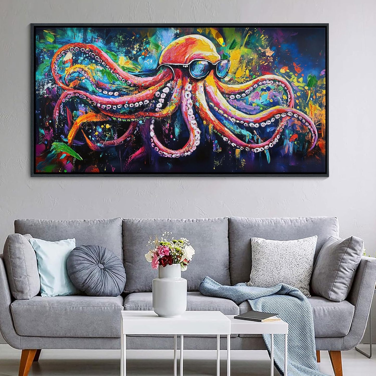 JEAWA Large Framed Wall Art - Funny Octopus Wearing Sunglasses Modern Street Graffiti Texture Wall Painting for Living Room Bedroom Teenage Boy Room Game Room Cool Posters Decor 24x48 IN