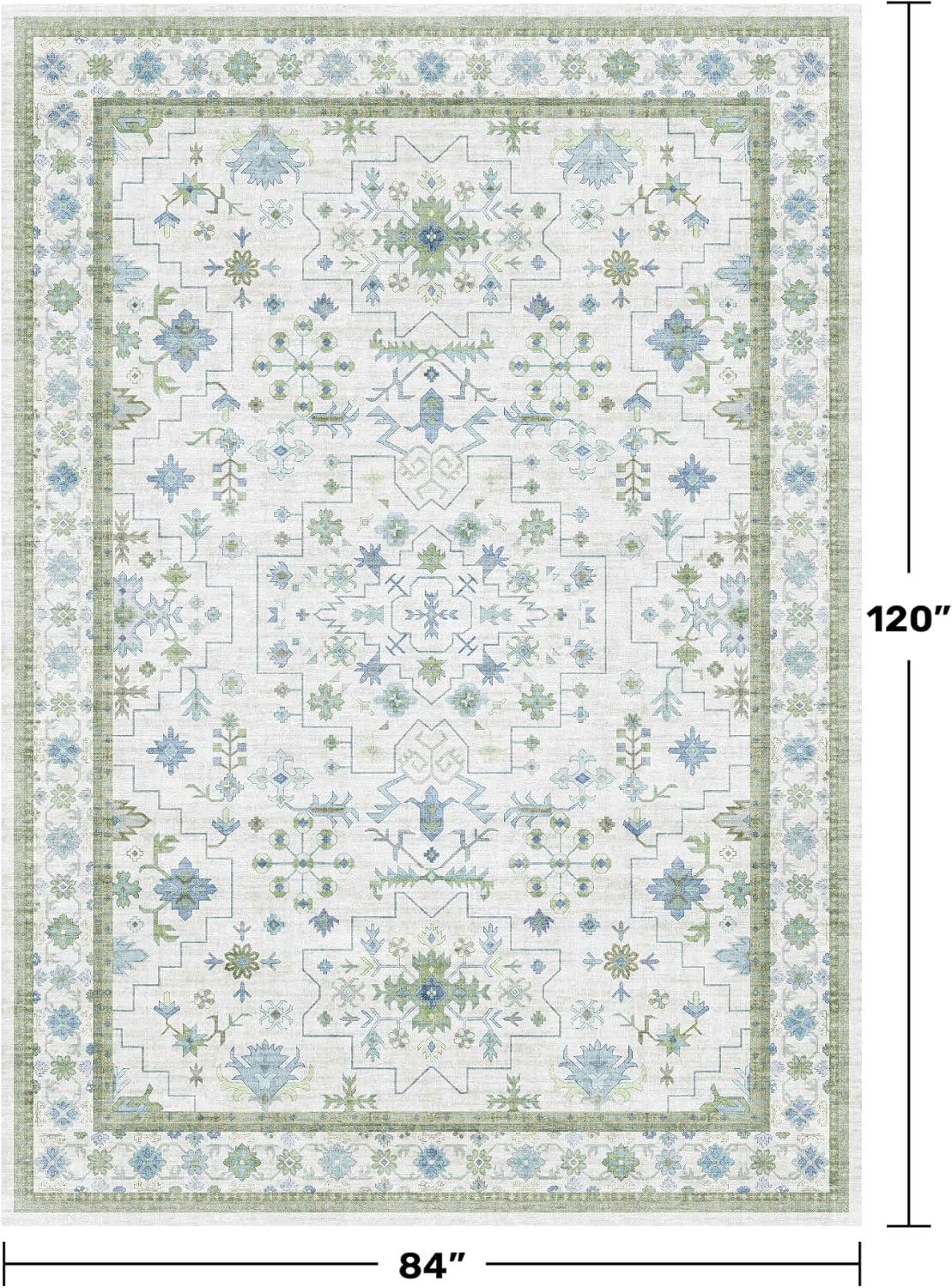 Blue and Green Living Room Rug 7x10 - Cream Oushak Vintage Boho Floral Farmhouse, Washable Low Pile Non-Slip Extra Large Area Rugs for Bedroom, Kids, Lounge