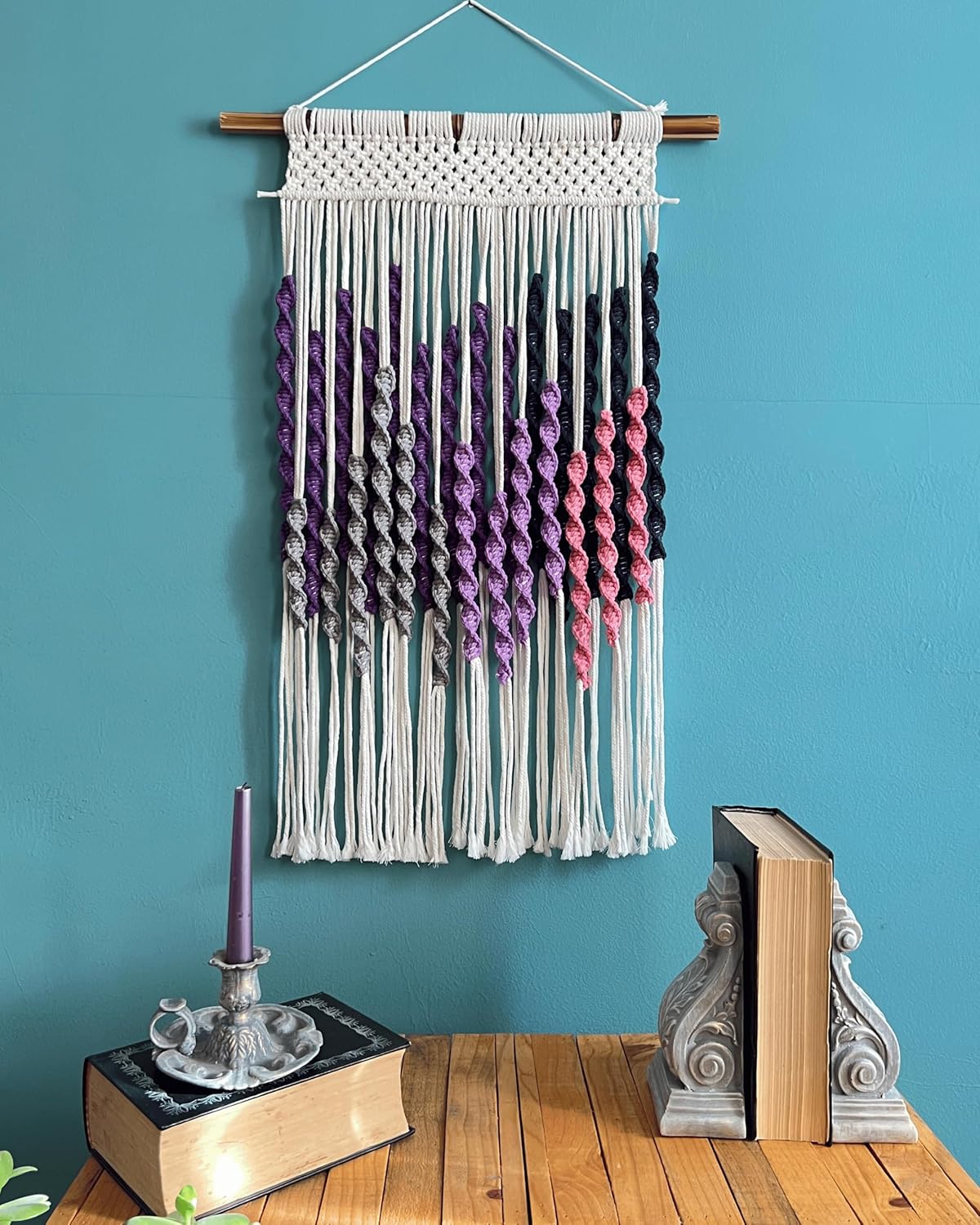Knots & Beyond Purple Macrame Wall Hanging with Driftwood Dowel, Bohemian Tapestry Wall Art with Rod, Boho Wall Decor Above Bed, 22" x 32"