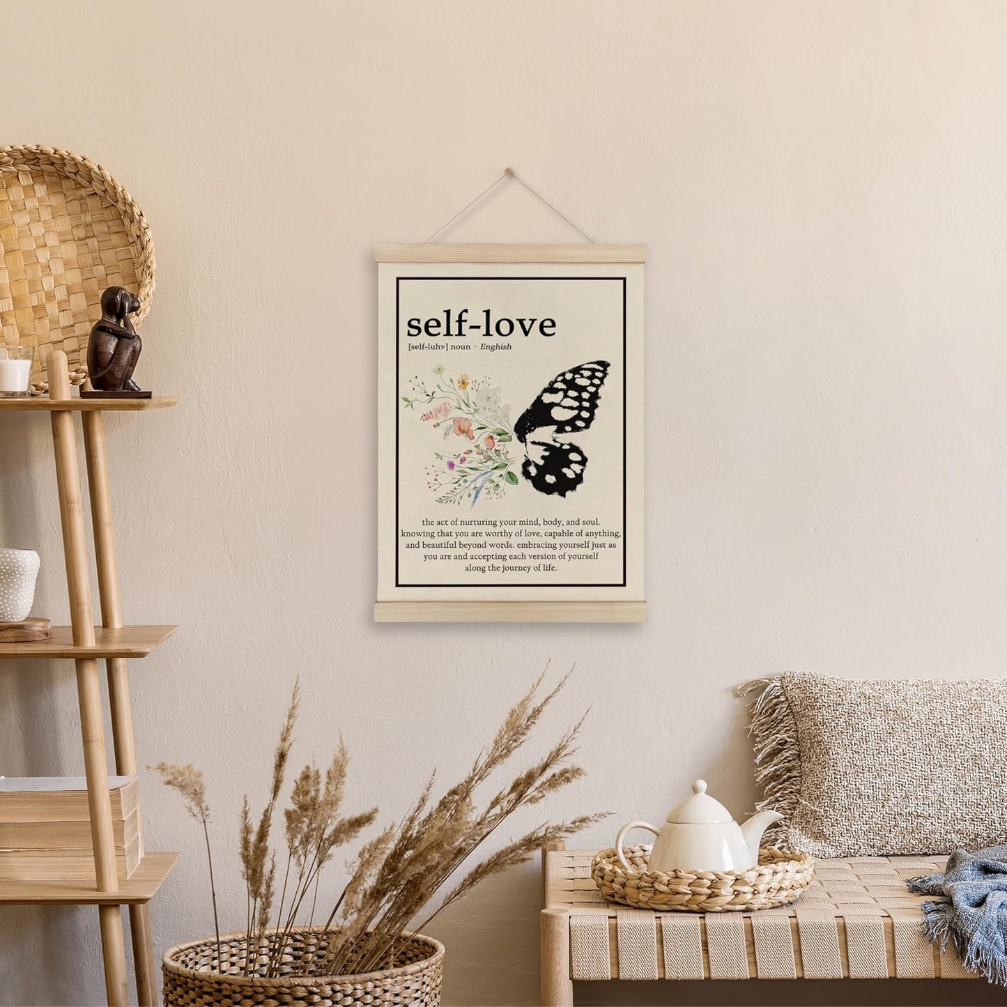 HRQKO Inspirational Self Love Definition Poster Hanger Frame, Mental Health Decor, Self Love Gifts Wall Art with Wooden Frames, Butterfly Floral Wall Hanging Banner for Women Girls Office, 12x16 Inch