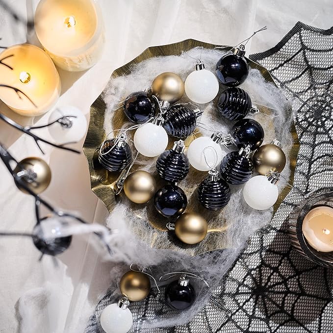 Valery Madelyn 1.57 Inches Small Christmas Tree Decorations Ornament Set for Fall Halloween, 24ct Black White Gold Shatterproof Hanging Ball Ornaments Holiday Party Decor