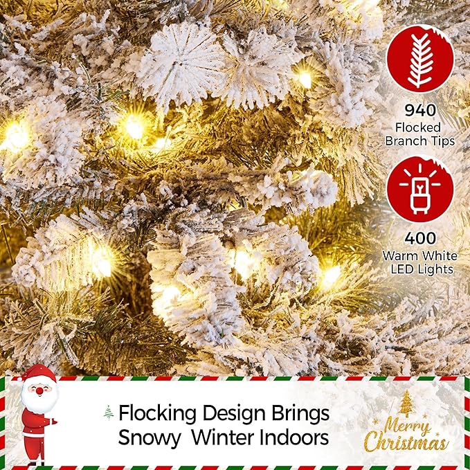 Yaheetech 6ft Pre-Lit Artificial Christmas Tree with 400 Warm White LED Lights & 940 PVC Tips,Hinged Snow Flocked Xmas Tree with Foldable Stand & Protective Foot Caps,Green & White