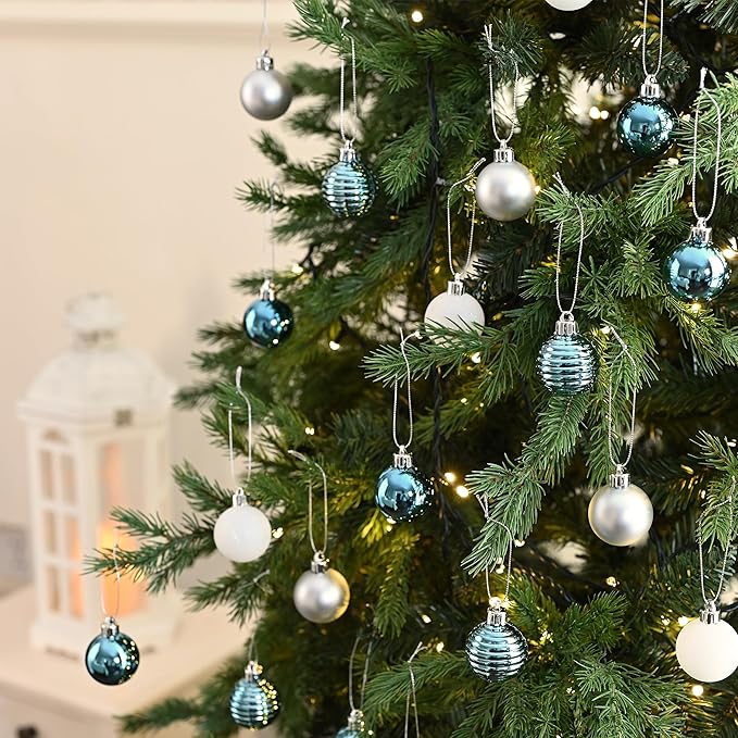 Valery Madelyn 1.57 Inches Small Christmas Tree Decorations Ornament Set for Fall Halloween, 24ct Light Blue and Silver Shatterproof Hanging Ball Ornaments Holiday Party Decor