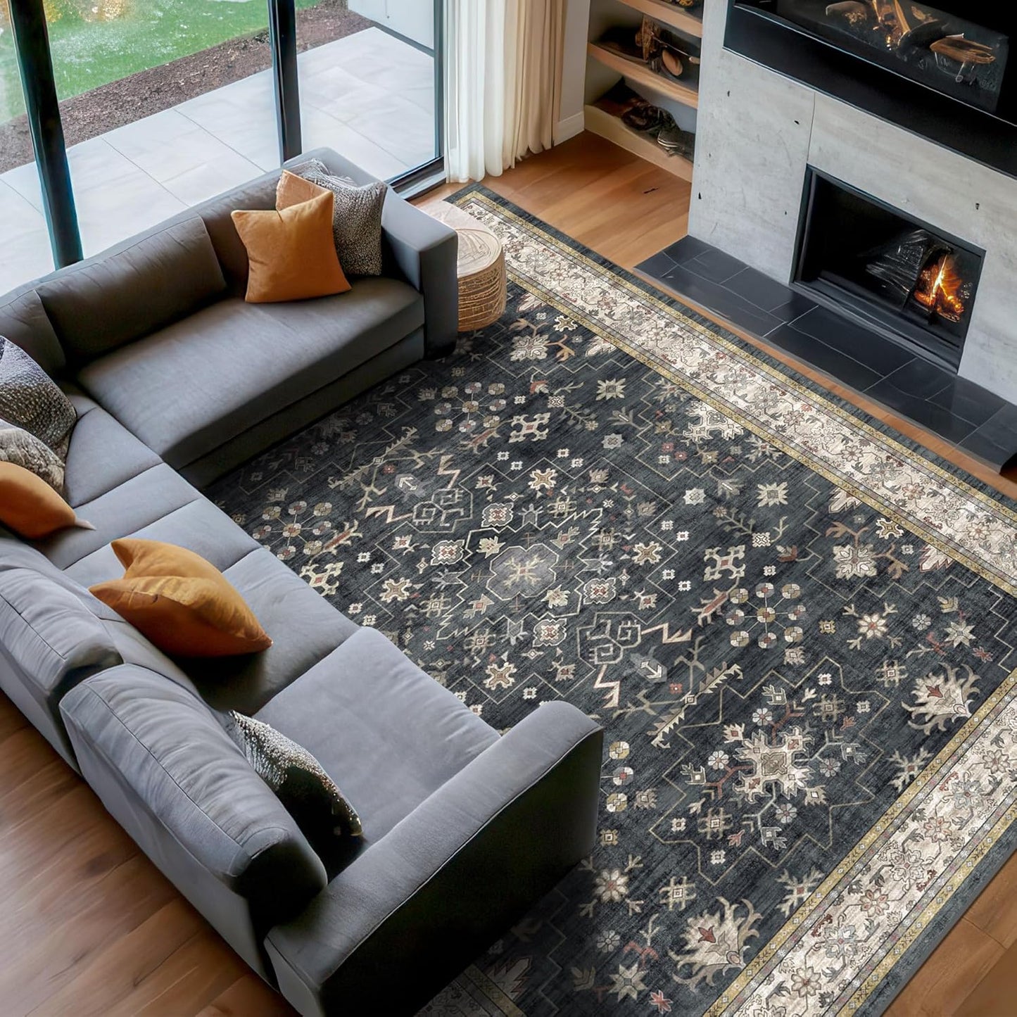 Black Boho Living Room Rug 5x7, Washable Dark Vintage Moody Low Pile Non Slip Carpet for Bedroom, Dinning Room, Office, Farmhouse, Retro Area Rug Indoor Decor (5x7 Black/Multi)
