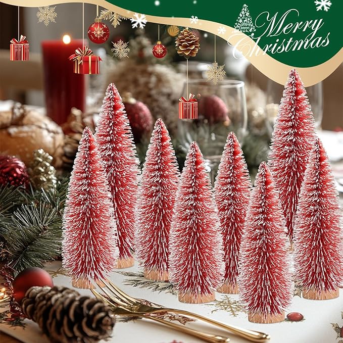 12 Pcs Mini Christmas Tree, Tabletop Christmas Tree with Wooden Bases Artificial Mini Tree with 3 Sizes Christmas Table Decor Bottle Brush Trees for Christmas Decorations (Red)