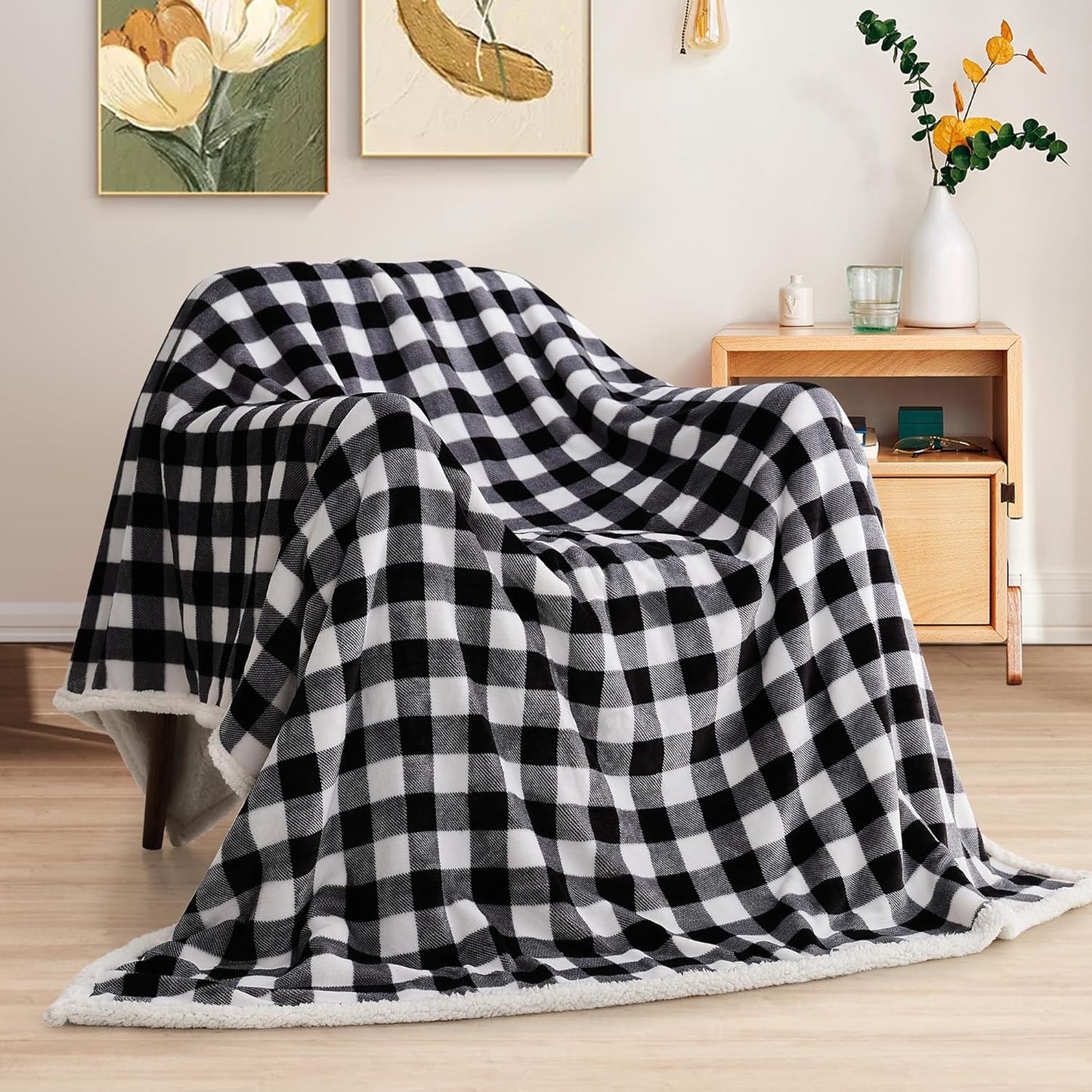 BEAUTEX Sherpa Fleece Blanket Twin Size, Super Soft Warm Buffalo Plaid Plush Gig Blankets, Lightweight Cozy Fuzzy Blanket for Couch Sofa Bed (Black, 60" x 80")