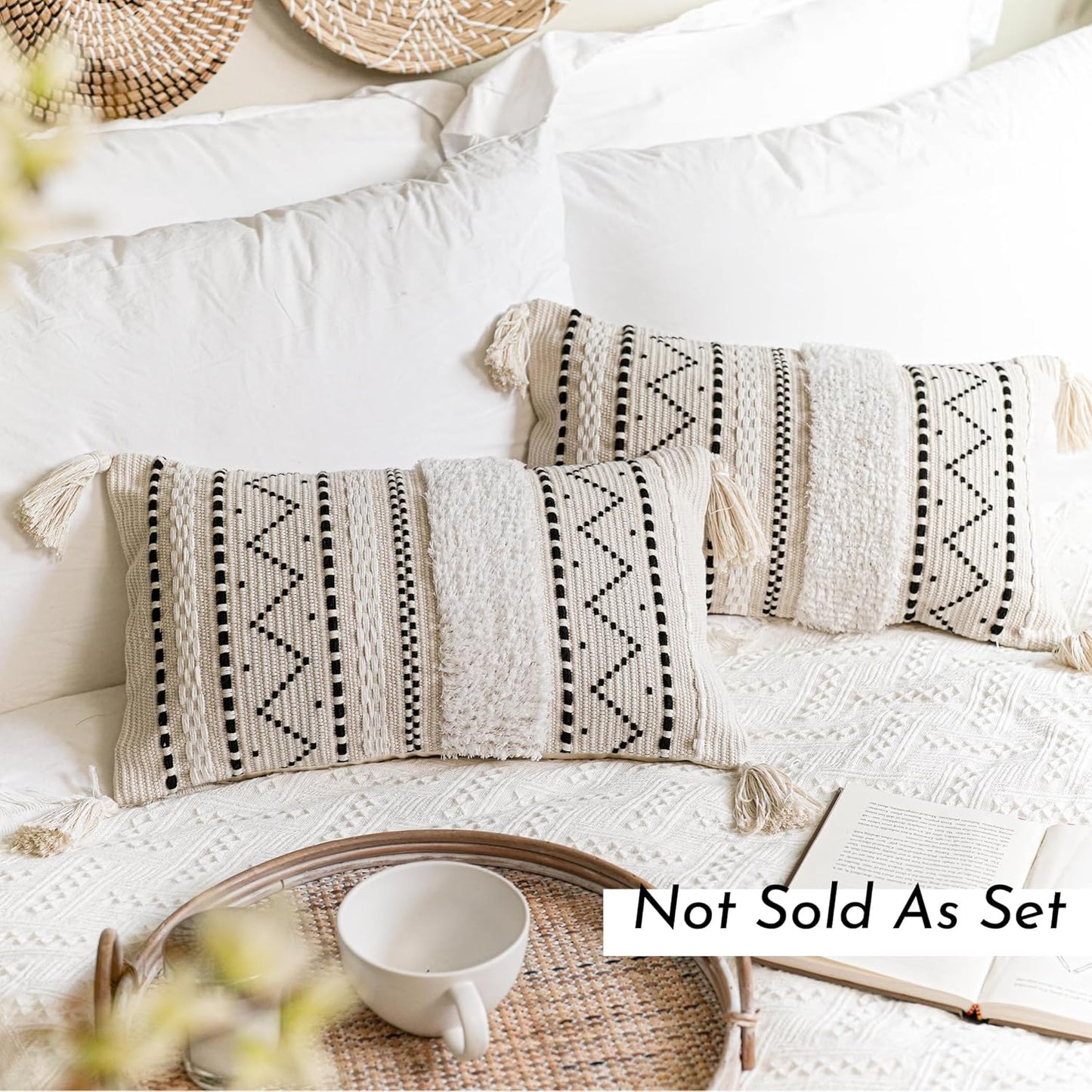 BlissBlush Decorative Lumbar Throw Pillow Cover 12x20 Rectangular Boho Accent Pillowcase Black Neutral White Farmhouse Cushion for Couch Sofa Bedroom Living Home Décor (Cover ONLY, Pack of 1)