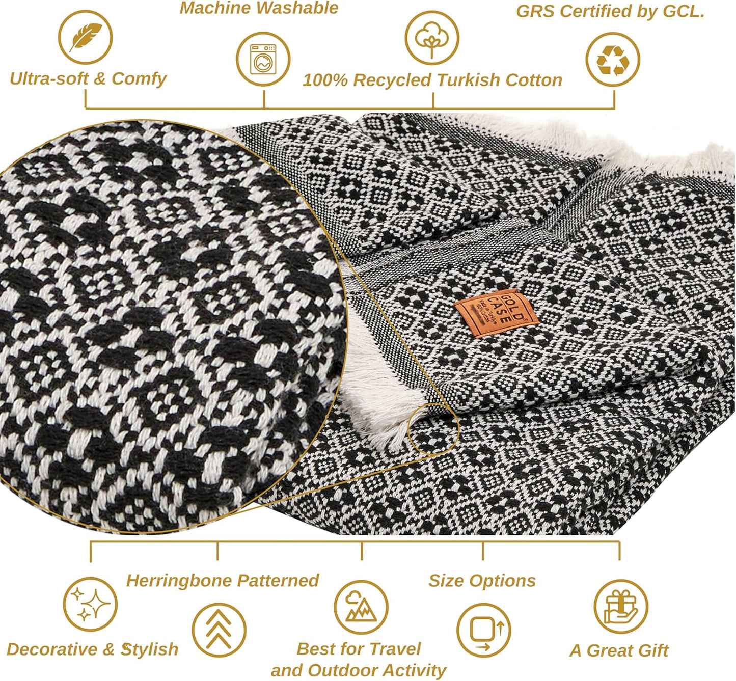 Gold Case Throw Blanket for Couch - 100% Recycled Turkish Cotton Blankets & Throws - Retro Soft Throw Blankets for Living Room - Boho Decorative Woven Couch Blanket - 60x80 - Black