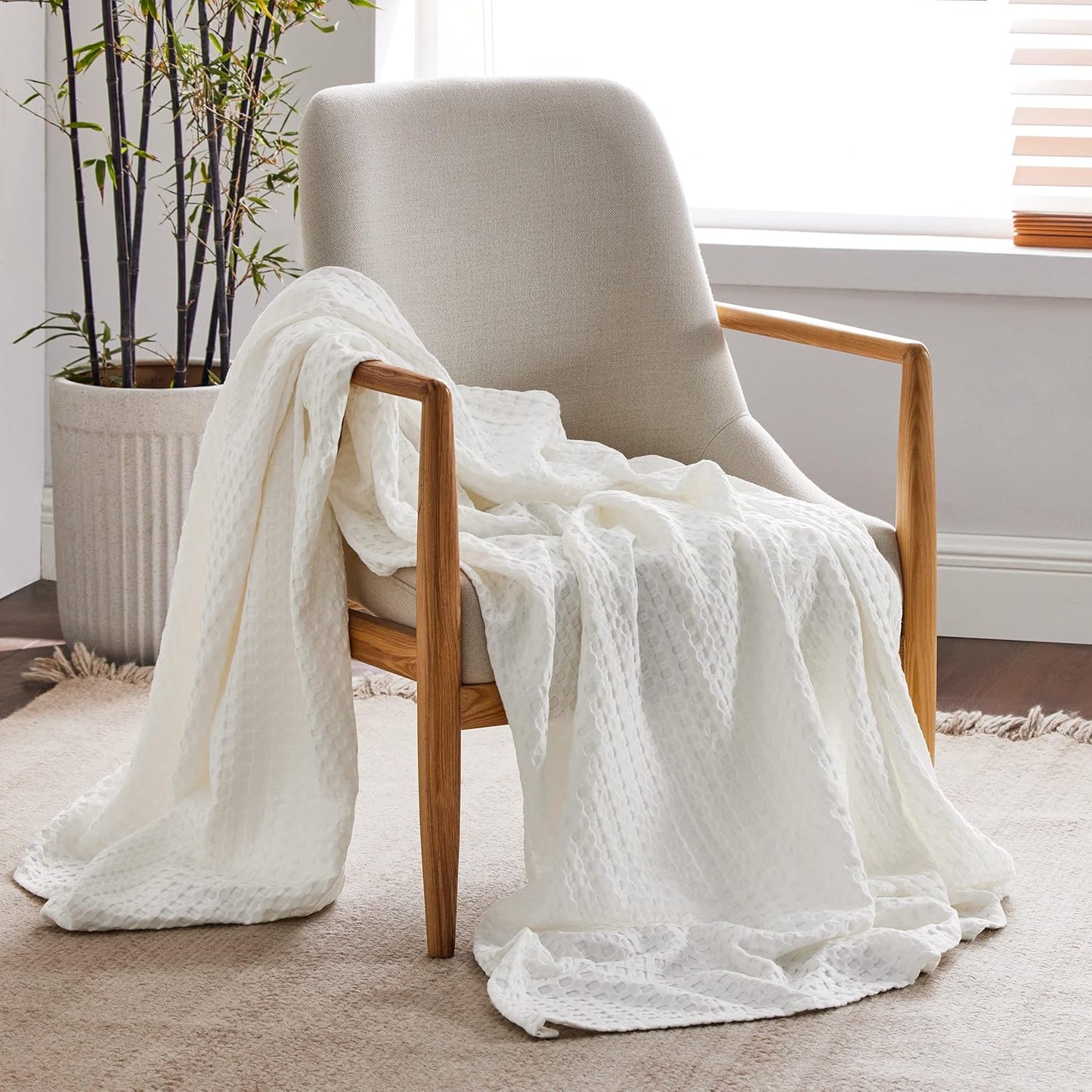 Bedsure Cooling Cotton Waffle Weave Throw Blanket - Lightweight Breathable Blanket of Rayon Derived from Bamboo for Hot Sleepers, Luxury Throws for Bed, Couch and Sofa, Ivory, 50x70 Inches