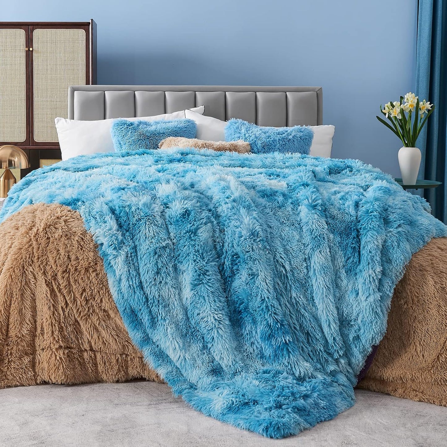 GONAAP Fuzzy Faux Fur Throw Blanket Queen Size Tie-dye Ocean Blue Super Soft Cozy Plush Fuzzy Shaggy Blanket for Couch Sofa Bed (Tie-dye Ocean Blue, Queen(90"x90"))