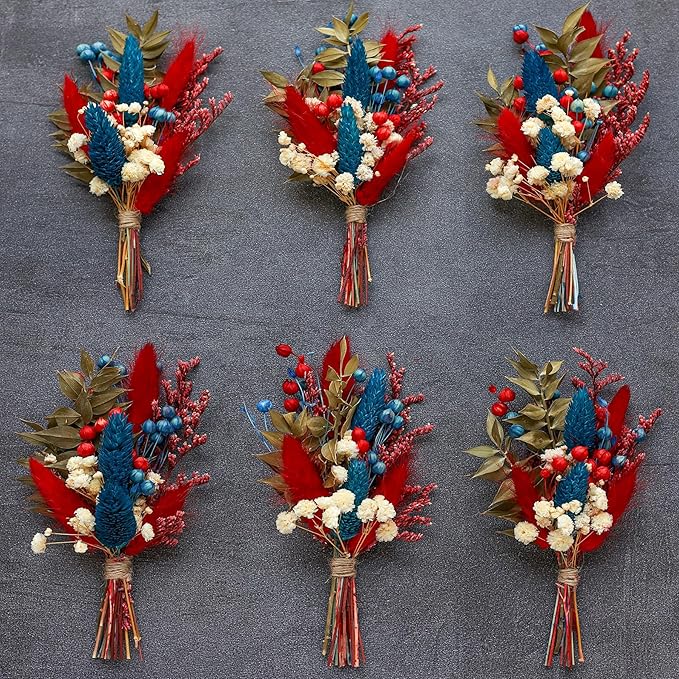 xin's convey Mini Dried Flower Bouquet 6 Piece Set, Burgundy Party Favours, Party Plate Decorations, Bridesmaids Flower Girl Proposal Boxes, Wall Decorations.(Blue + Burgundy)