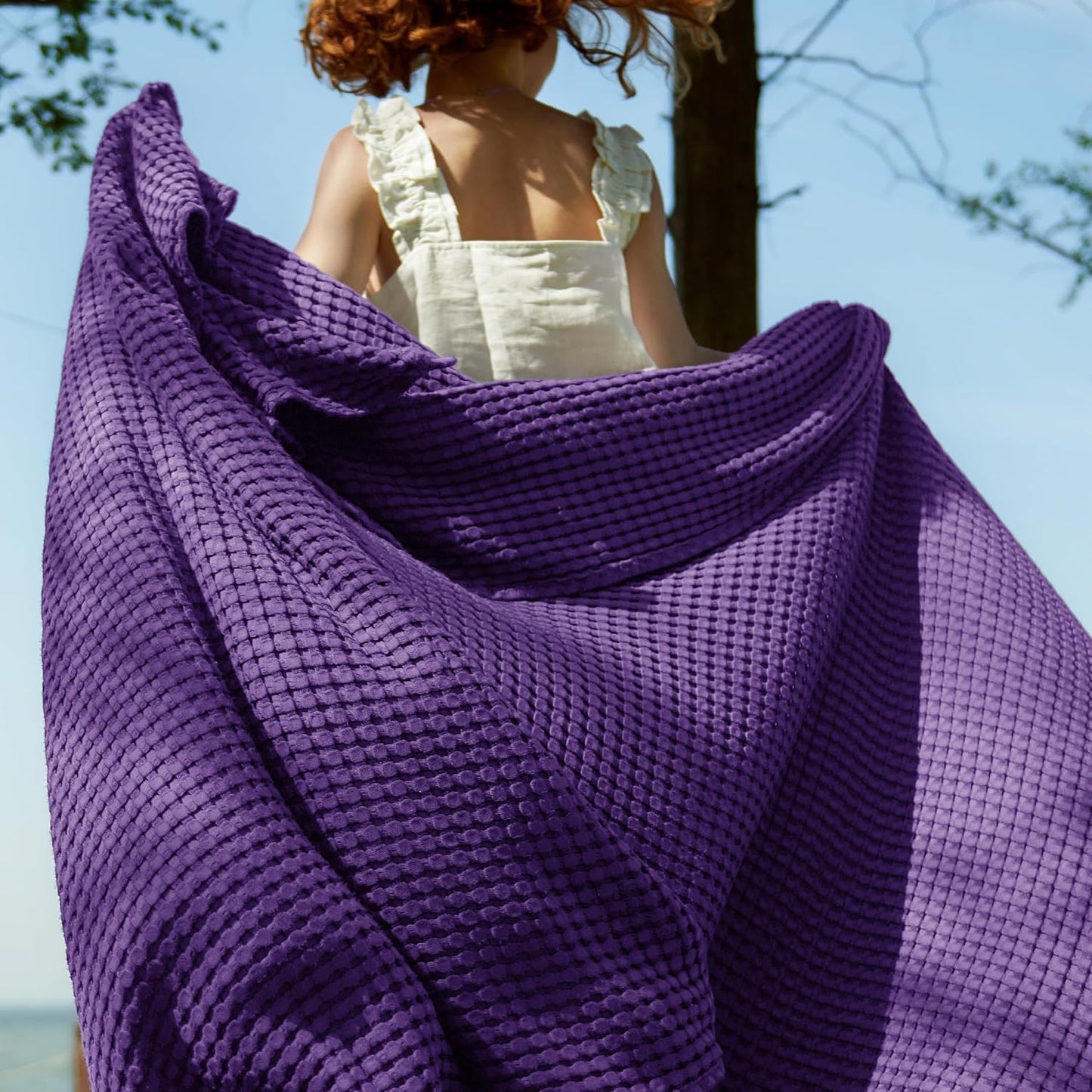 Bedsure Cooling Cotton Waffle Queen Size Blanket - Lightweight Breathable Blanket of Rayon Derived from Bamboo for Hot Sleepers, Luxury Throws for Bed, Couch and Sofa, Purple, 90x90 Inches