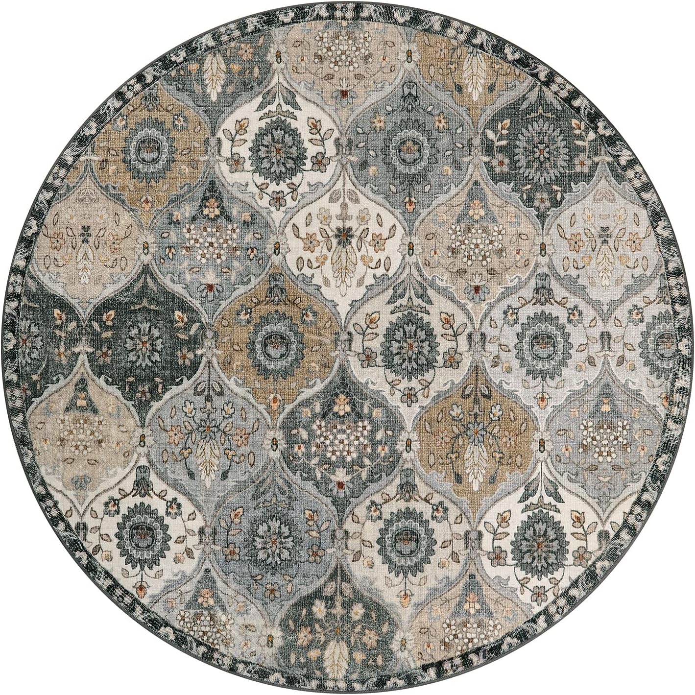 Lahome Moroccan Trellis Washable Round Area Rug, Soft Round Rugs 6ft Ultra-Thin Non-Slip, Vintage Large Circle Carpet for Bedroom Living Room Kitchen Nursery, Grey