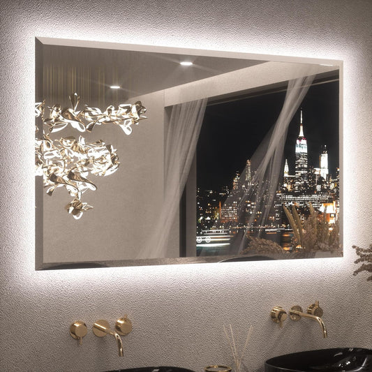 Keonjinn Backlit Mirror Bathroom 48 x 30 Inch, LED Vanity Mirror with Beveled Edge, Tempered Glass, UL-Listed Power Driver, 3 Color Lights, Safe Anti-Fog, Dimmable, Smart Bathroom Mirror with Lights