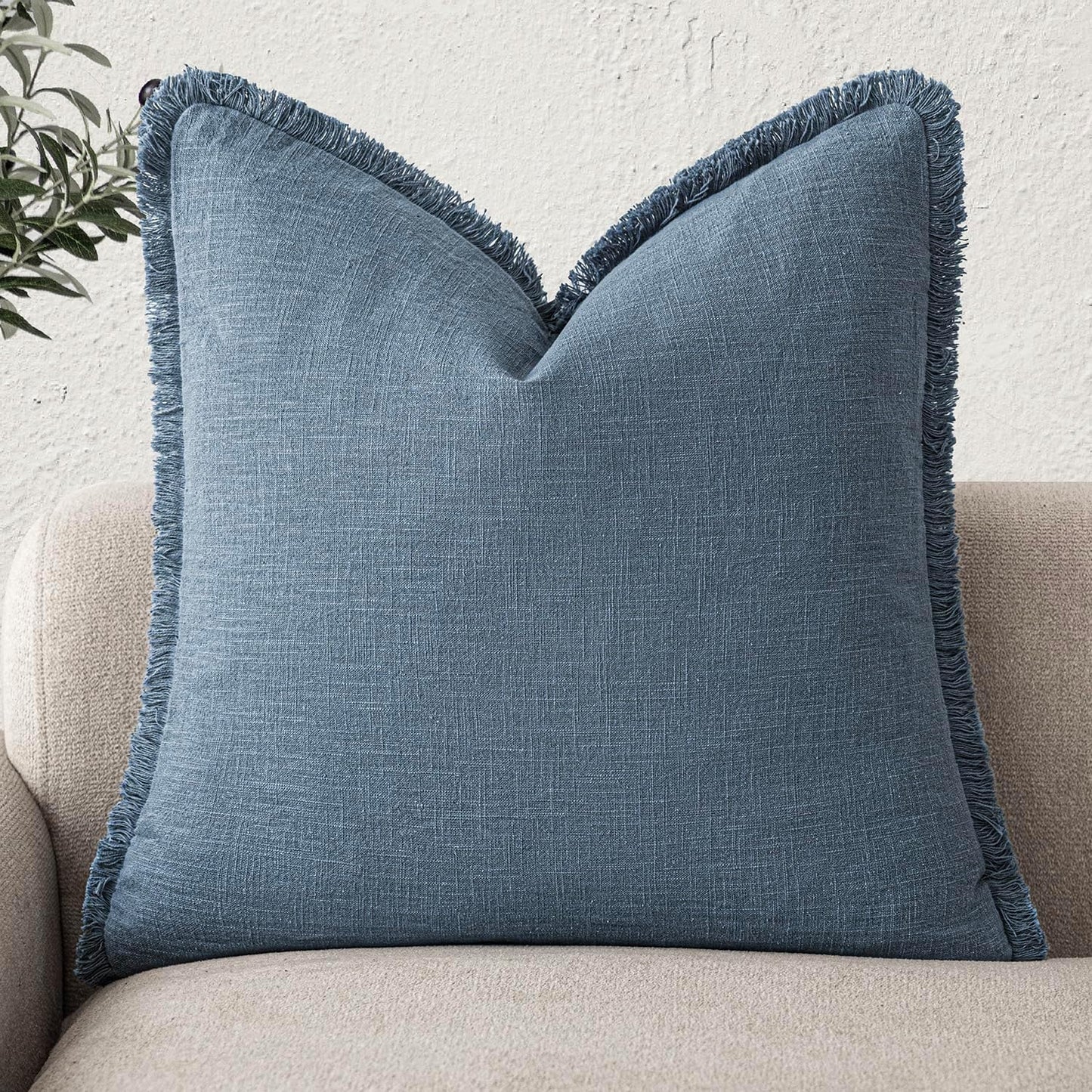 Foindtower Decorative Linen Fringe Throw Pillow Covers Cozy Boho Farmhouse Cushion Cover with Tassels Accent Pillowcase for Chair Sofa Bed Living Room Home Decor, 24×24 Inch,1PC,Misty Blue