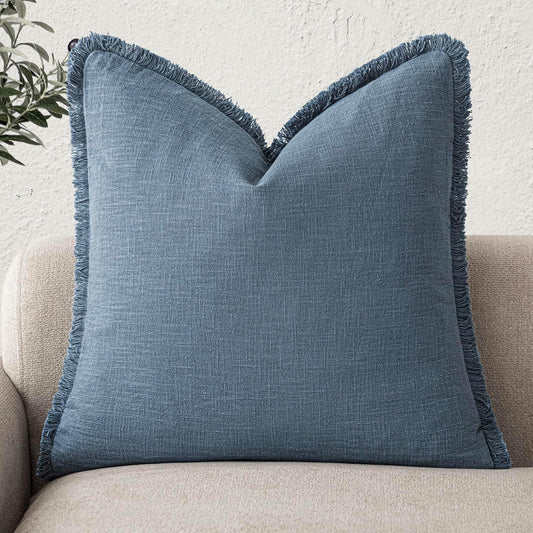 Foindtower Decorative Linen Fringe Throw Pillow Covers Cozy Boho Farmhouse Cushion Cover with Tassels Accent Pillowcase for Chair Sofa Bed Living Room Home Decor, 24×24 Inch,1PC,Misty Blue