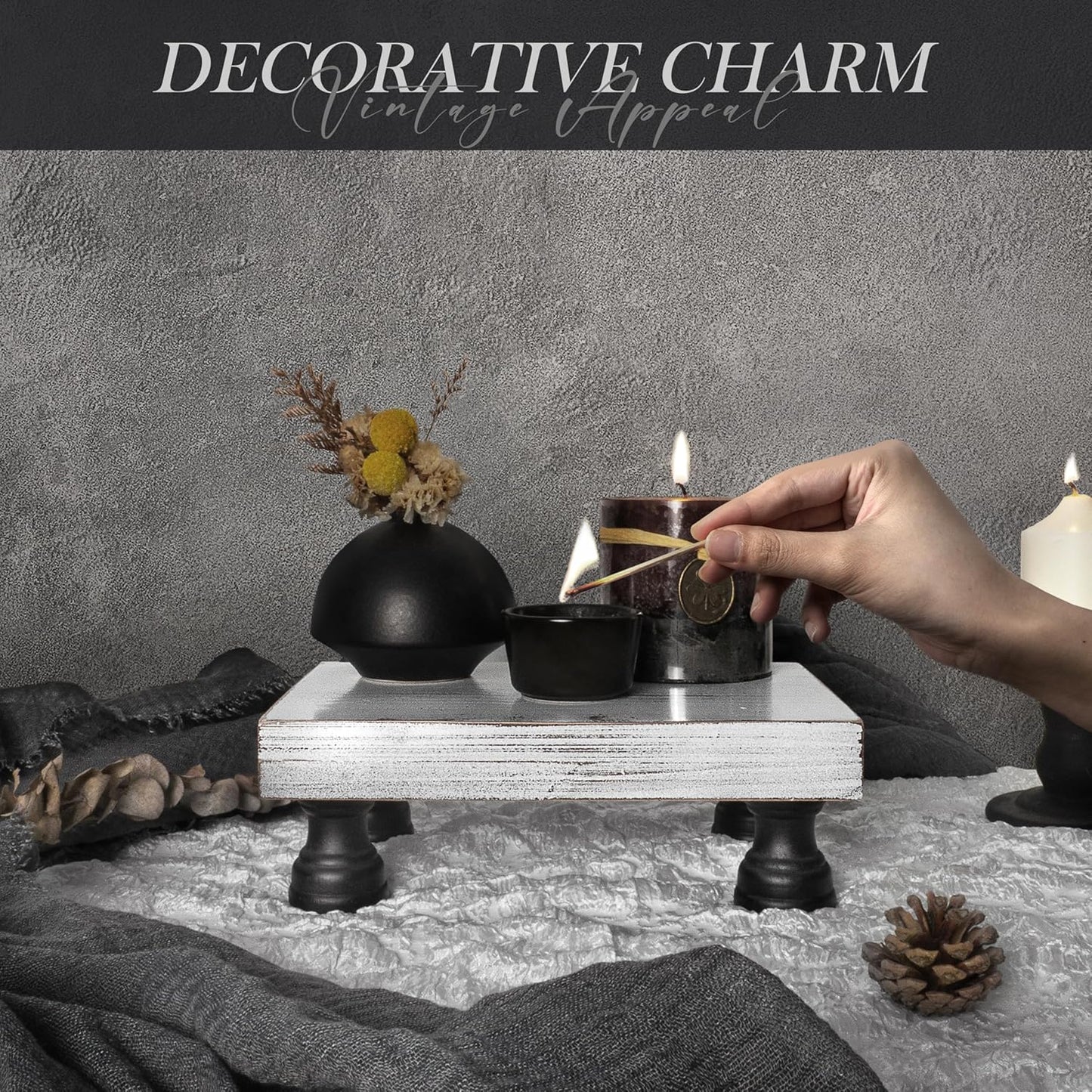 EOSAHR Farmhouse Fir Wood Risers for Decor for Kitchen Sink & Small Vanity - Risers Display Stands for Coffee Table - Double as Sponge Holder & Plant Stand (Black & White, 8.5")