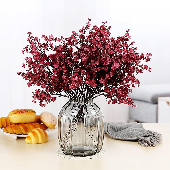 20pcs Babys Breath Artificial Flowers Gypsophila Bouquet Bulk Fake Spring Silk Small Flowers Real Touch Faux Floral for Home Bedroom Kitchen Garden Wedding Christmas Party DIY Decor (Wine Red)